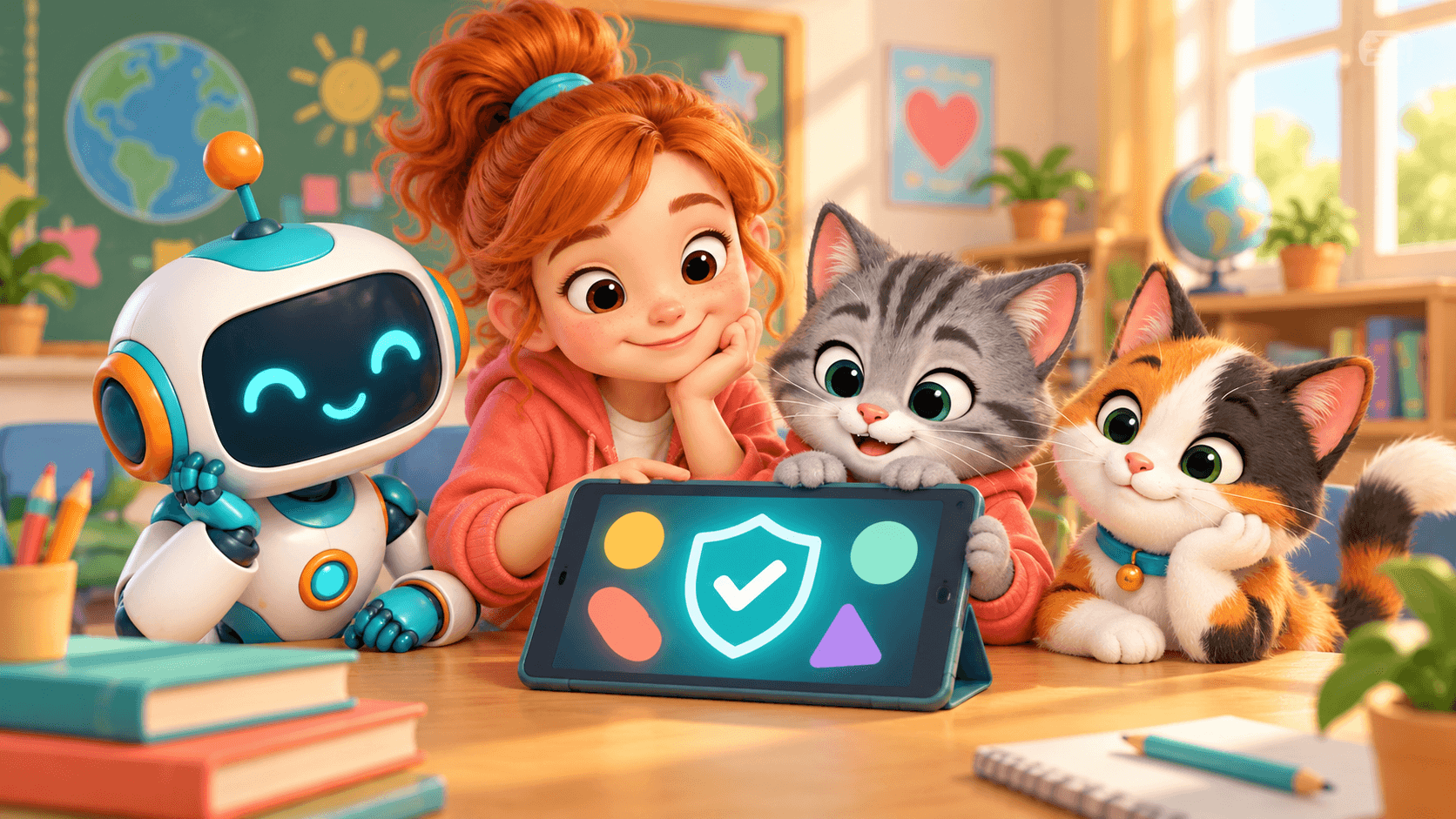 Девочка, робот, серый и трёхцветный коты FiskIT изучают безопасность в интернете