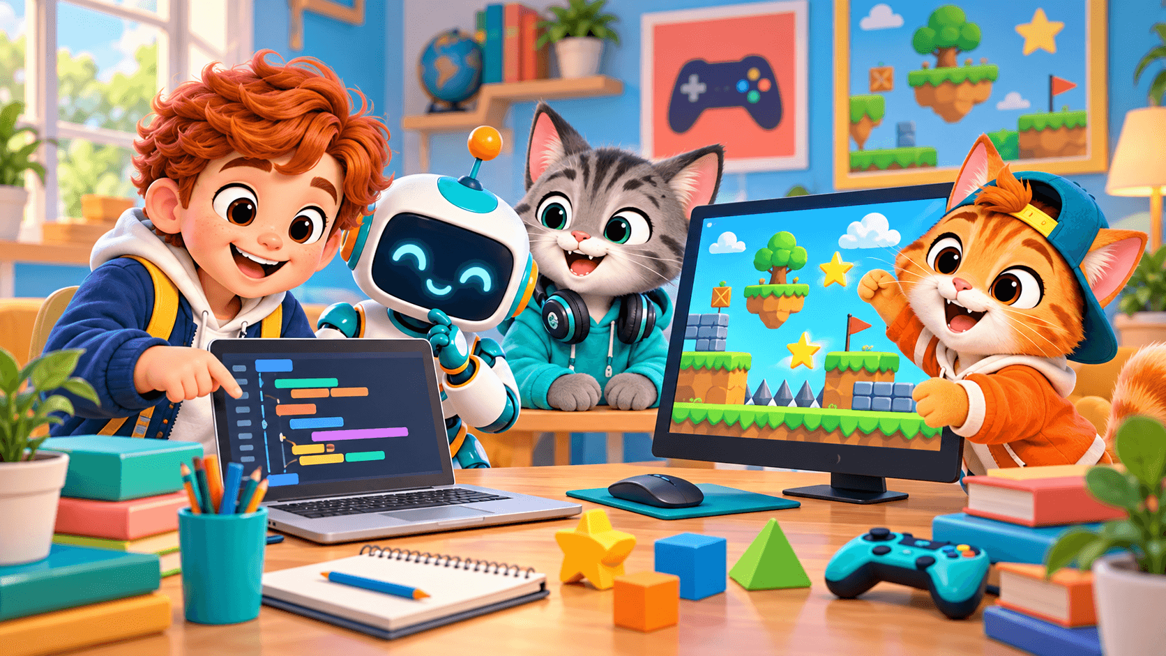 Мальчик, робот, серый и рыжий коты FiskIT сравнивают код и создание игры