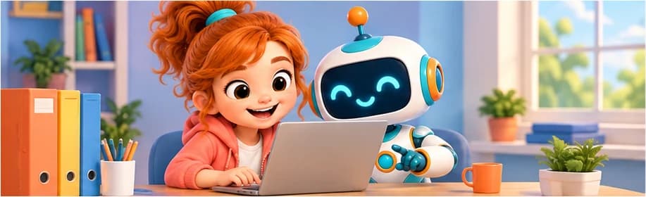 Девочка и робот работают за ноутбуком на курсе цифровой грамотности FiskIT