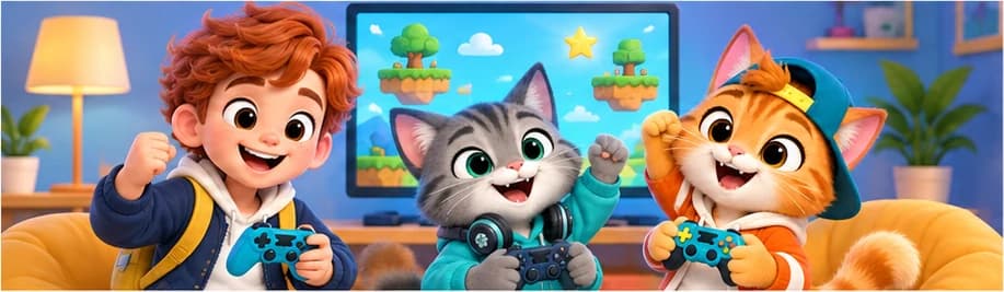 Дети и коты тестируют игру с контроллерами
