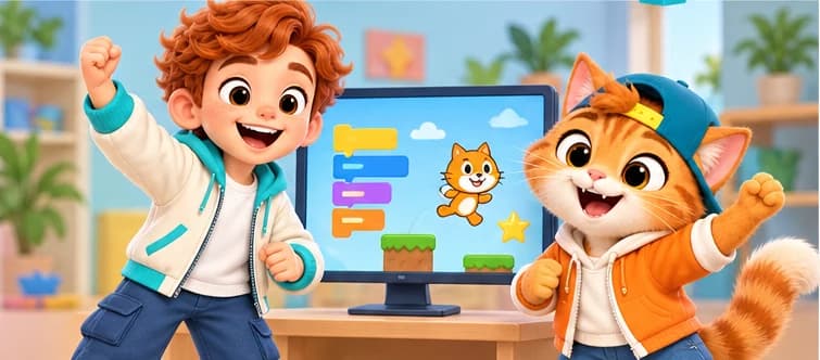 Иллюстрация курса Scratch с играми и анимациями